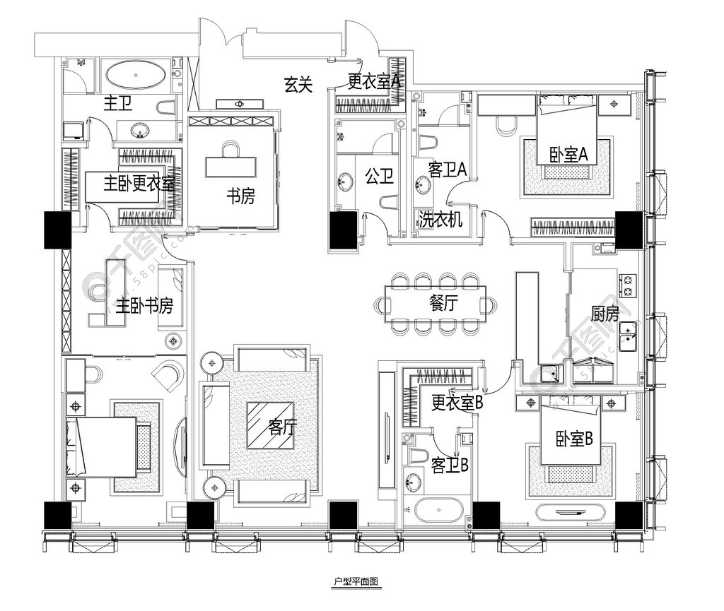 三室二厅四卫户型CAD平面图设计赏析与免费资源分享